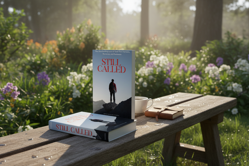 Book mockup on garden bench