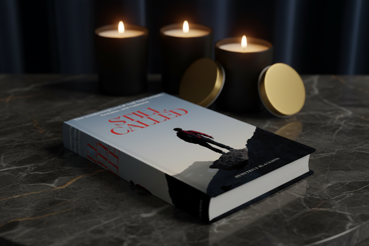Book mockup on marble with dramatic lighting