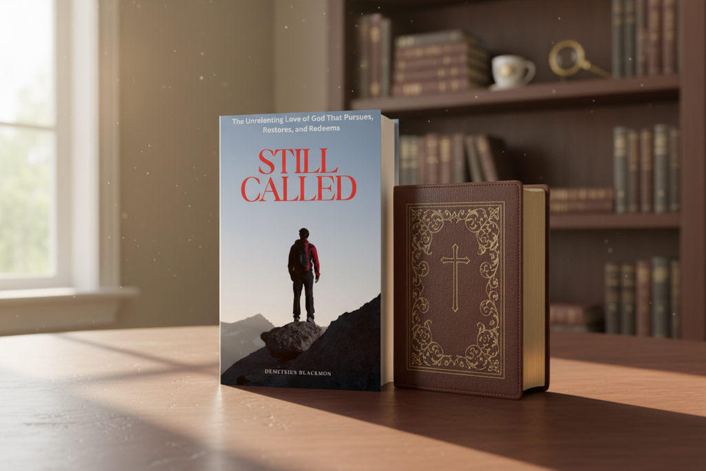Book mockup with Bible on wooden table