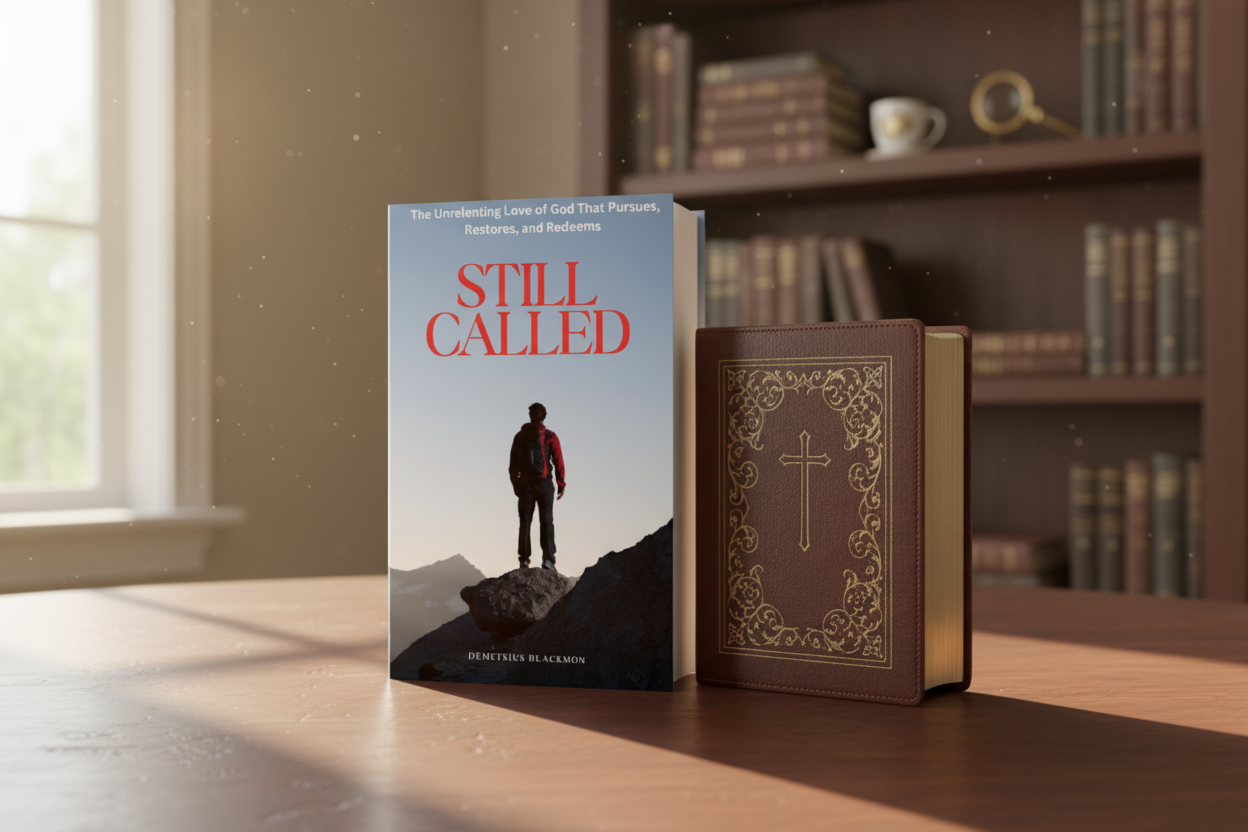 Book mockup with Bible on wooden table