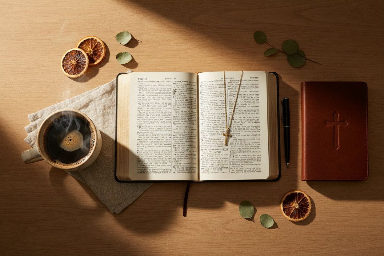 Morning devotional setup with Bible, journal, and coffee